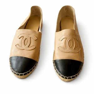 CHANEL Beige Leather Espadrilles with Black Cap Toe and Logo